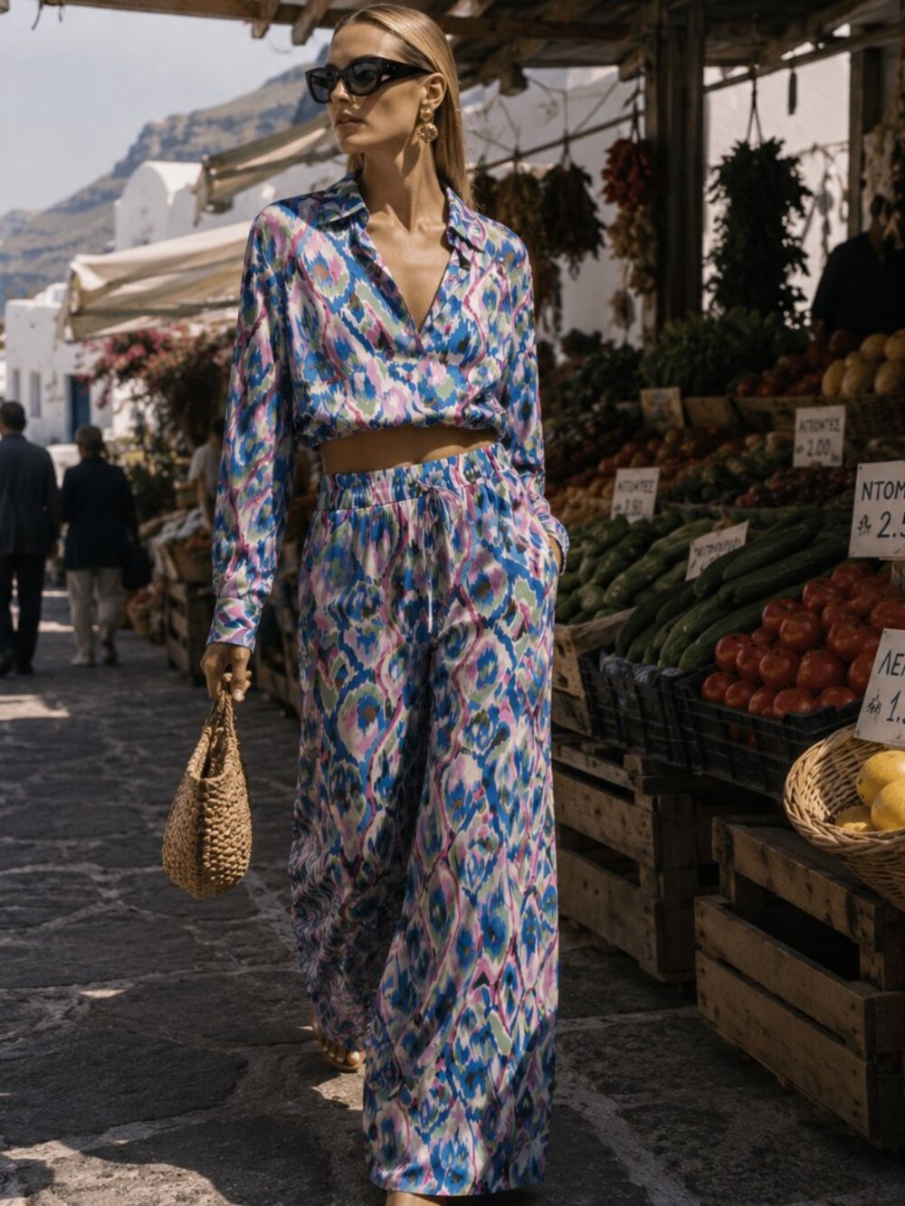 Zara Co-Ord 2 Piece Print Pants And Cropped Top Set White Blue NWT